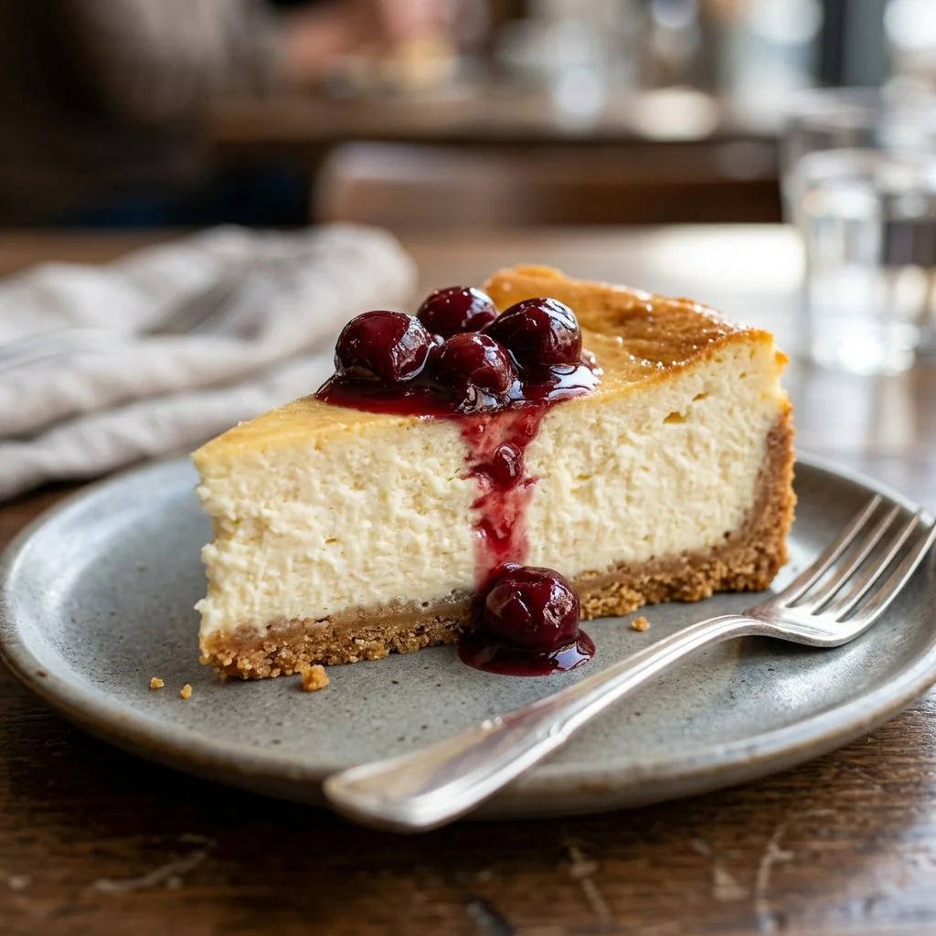 Slice of rich New York Cheesecake topped with strawberries.