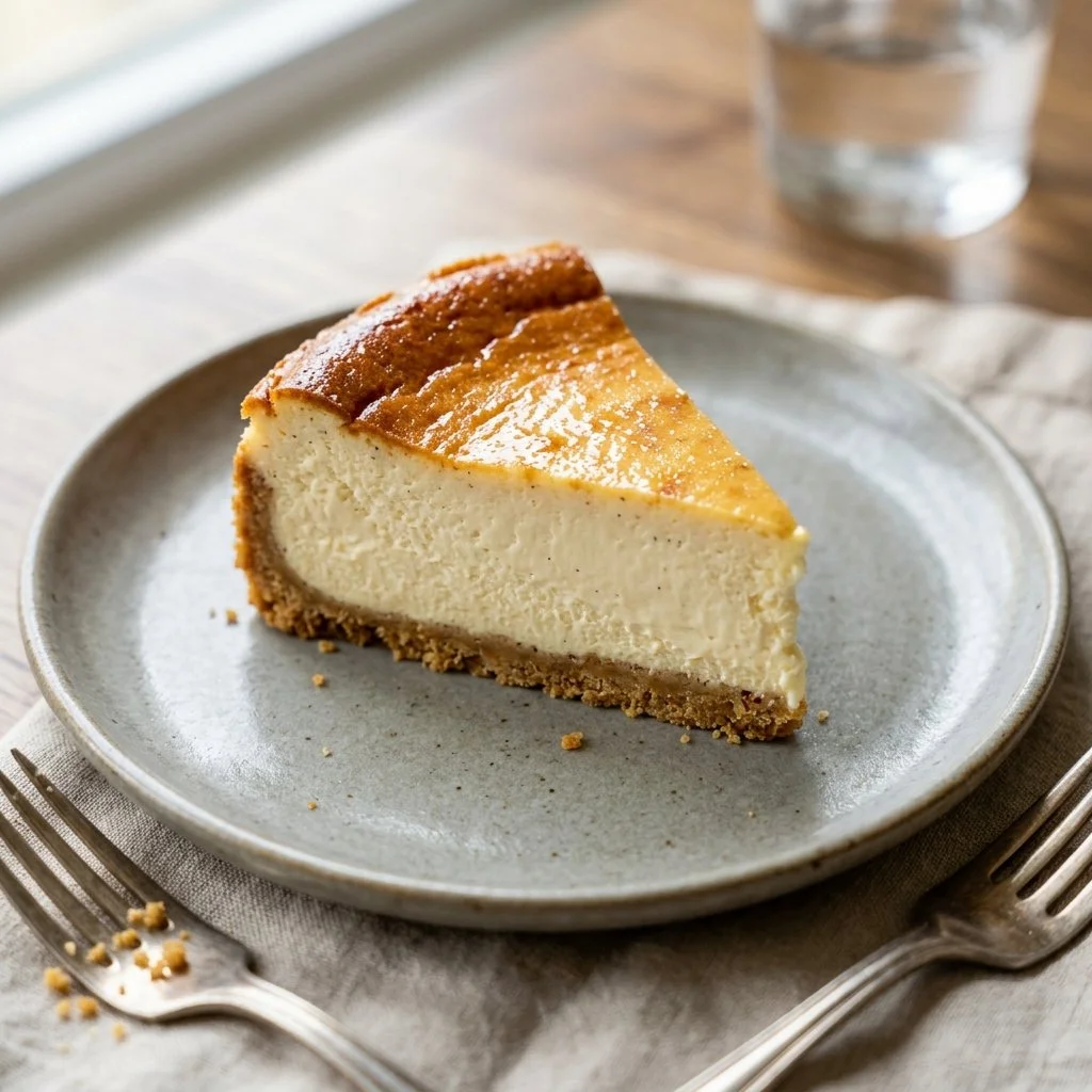 Delicious slice of New York Cheesecake topped with fresh strawberries