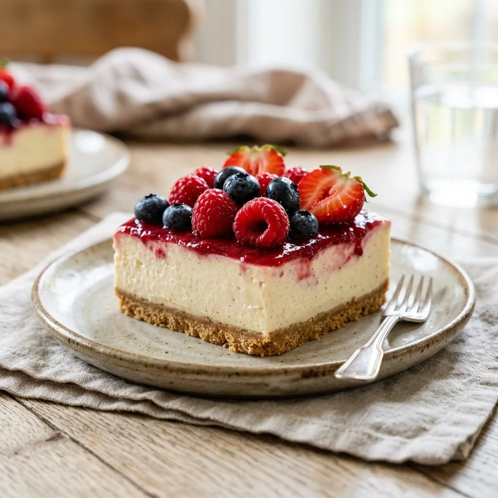 Delicious no bake cheesecake topped with fresh berries on a white plate