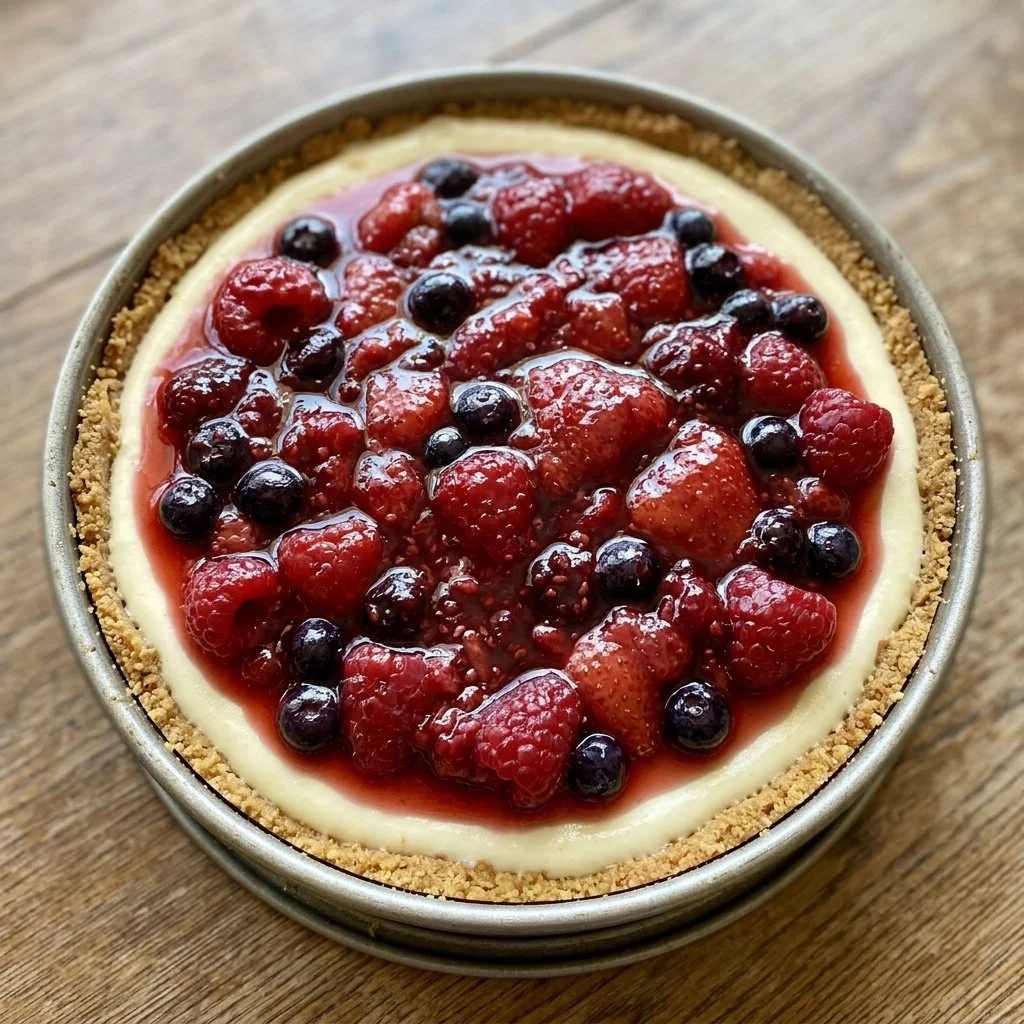 Delicious no bake cheesecake topped with fresh berries