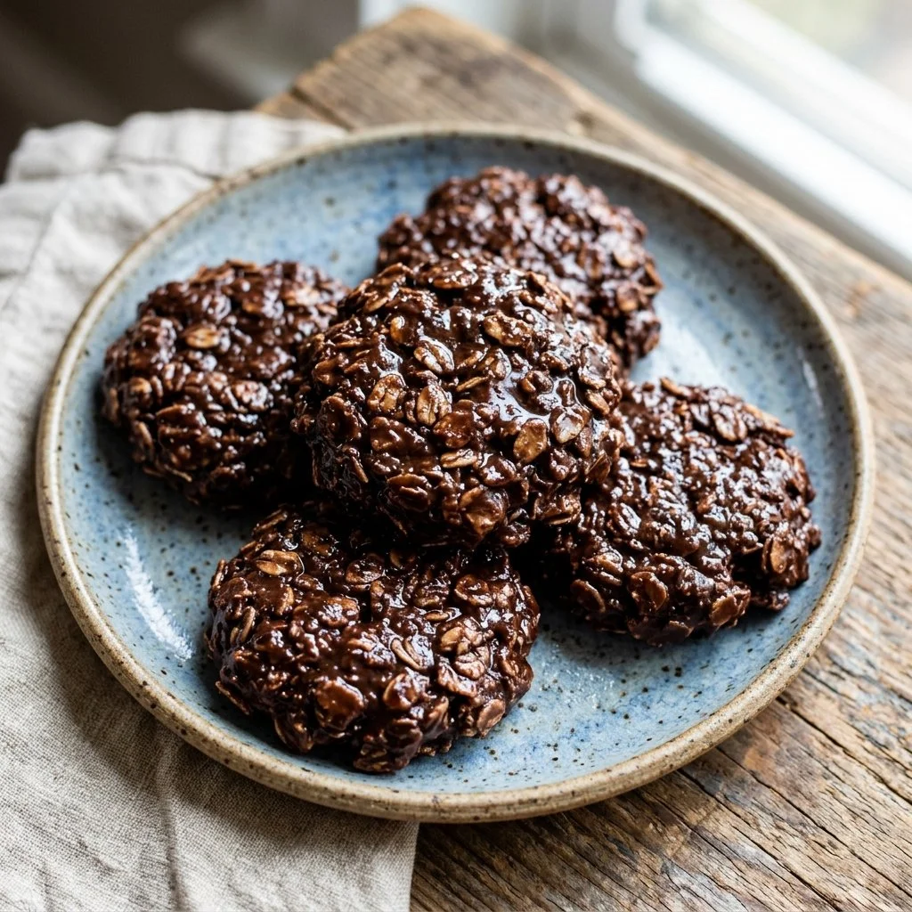 Delicious no bake cookies arranged on a plate, perfect for quick treats.