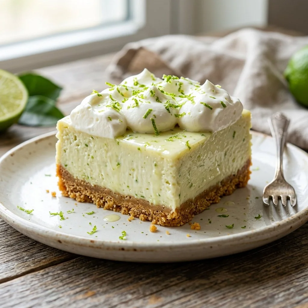 Delicious no-bake key lime cheesecake with a graham cracker crust and lime topping.
