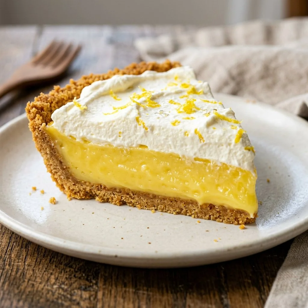 Slice of no-bake lemon pie topped with whipped cream and lemon zest
