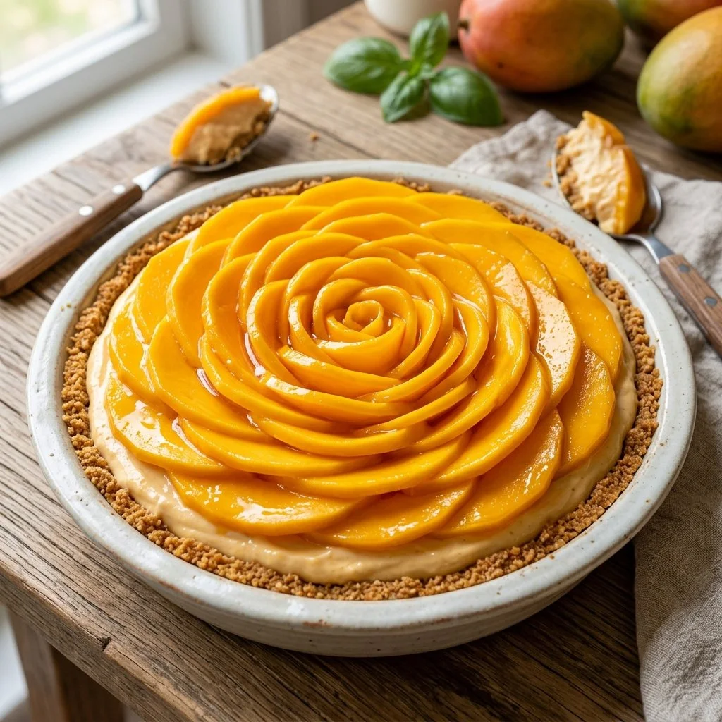 No-Bake Mango Pie topped with fresh mango slices and whipped cream