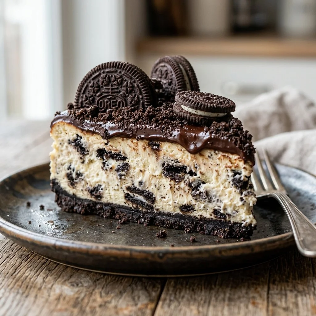 Delicious no-bake Oreo cheesecake topped with crushed Oreos.