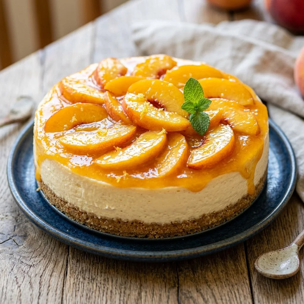 No-Bake Peach Cheesecake topped with fresh peach slices