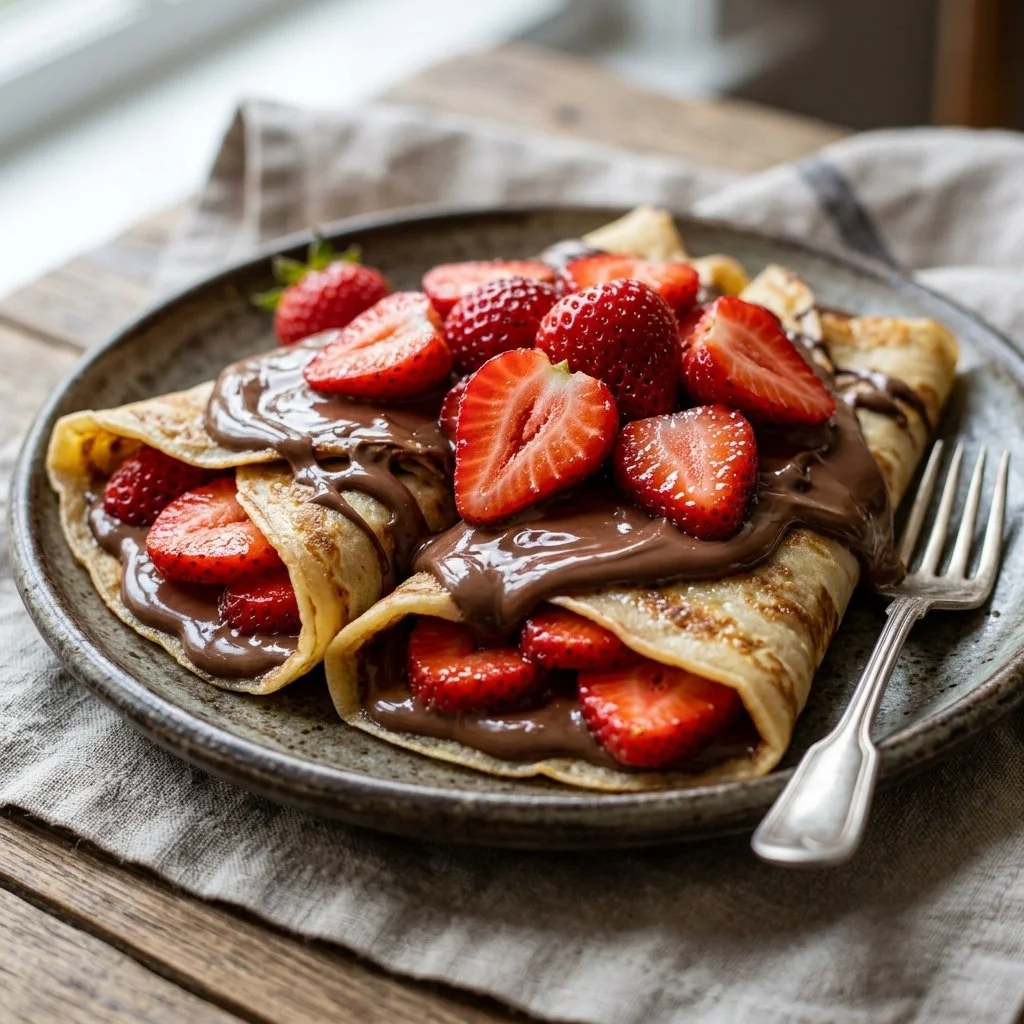 Delicious Nutella strawberry crepes drizzled with chocolate sauce