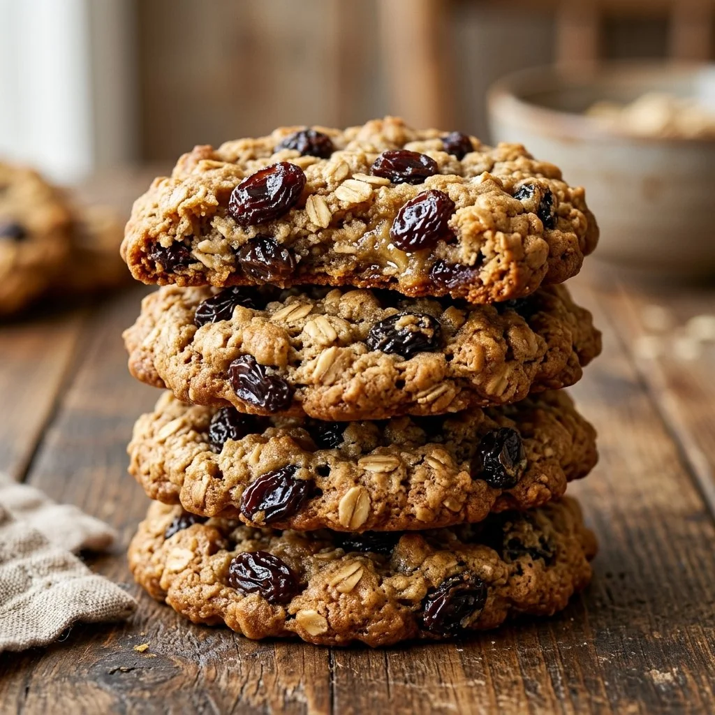 Freshly baked oatmeal raisin cookies on a cooling rack