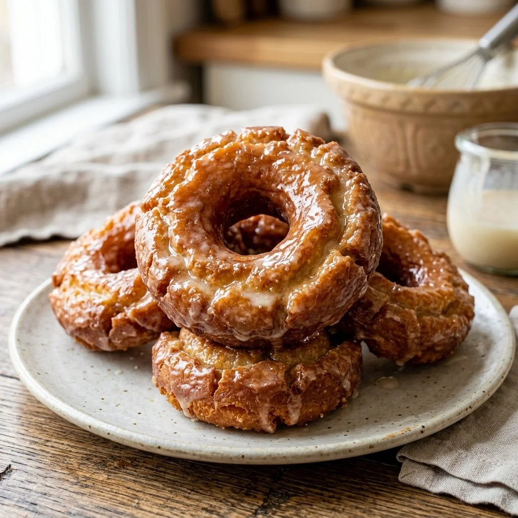 Old fashioned sour cream donuts topped with glaze and sprinkled with powdered sugar