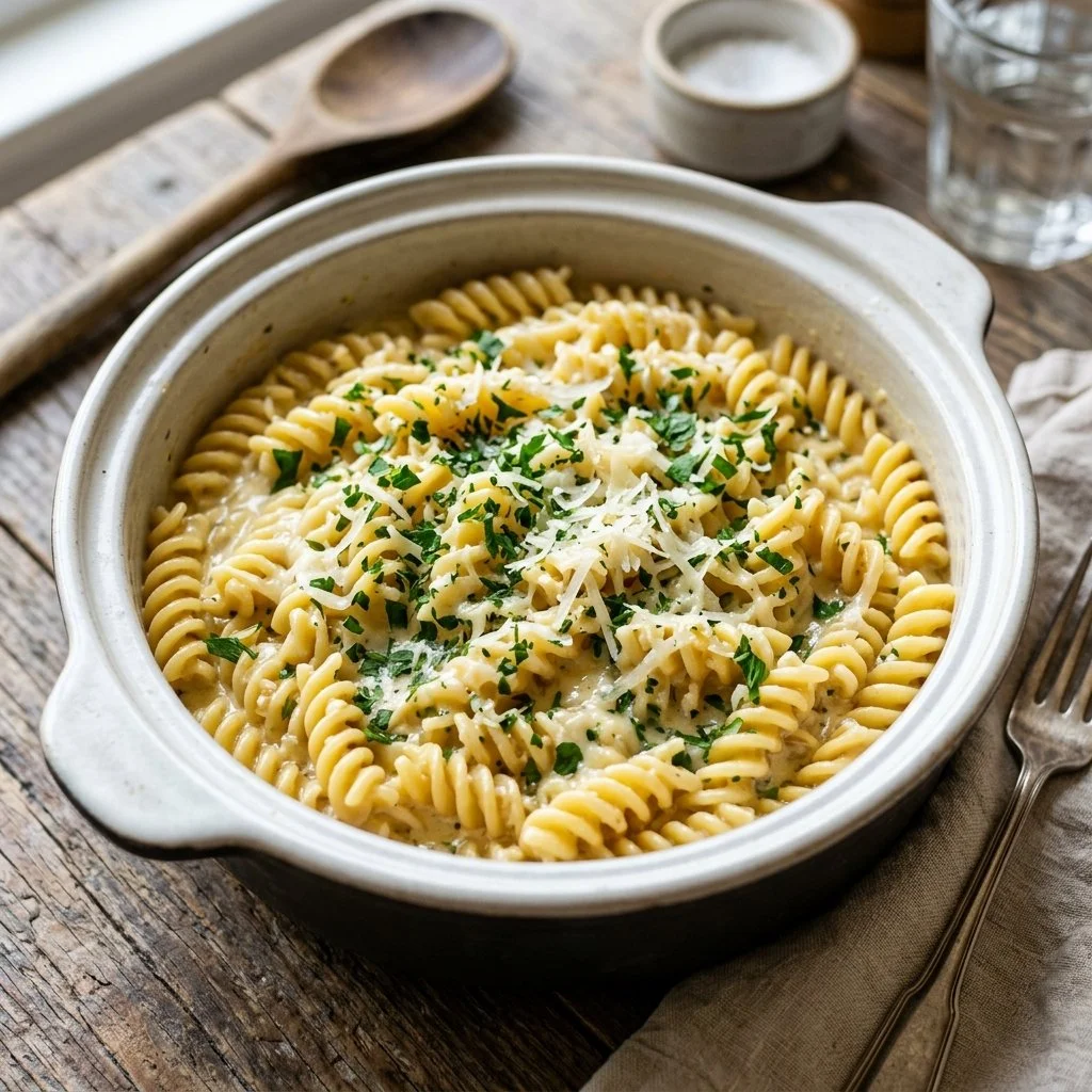 Creamy garlic parmesan pasta served in a bowl, garnished with parsley.