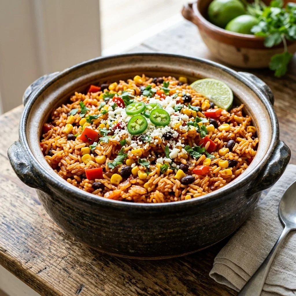 Delicious One Pot Mexican Rice served in a colorful bowl with fresh herbs.