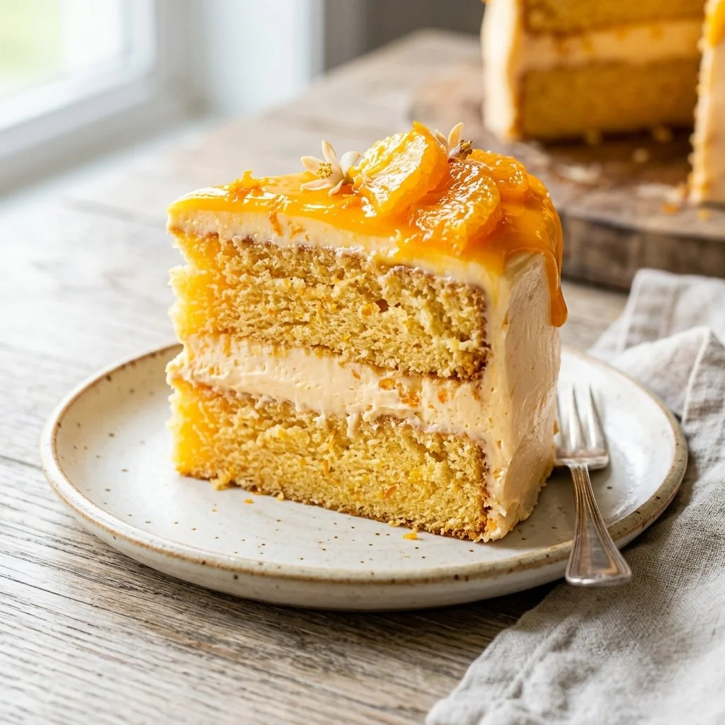 Delicious homemade Orange Creamsicle Cake with orange frosting and a creamy texture.