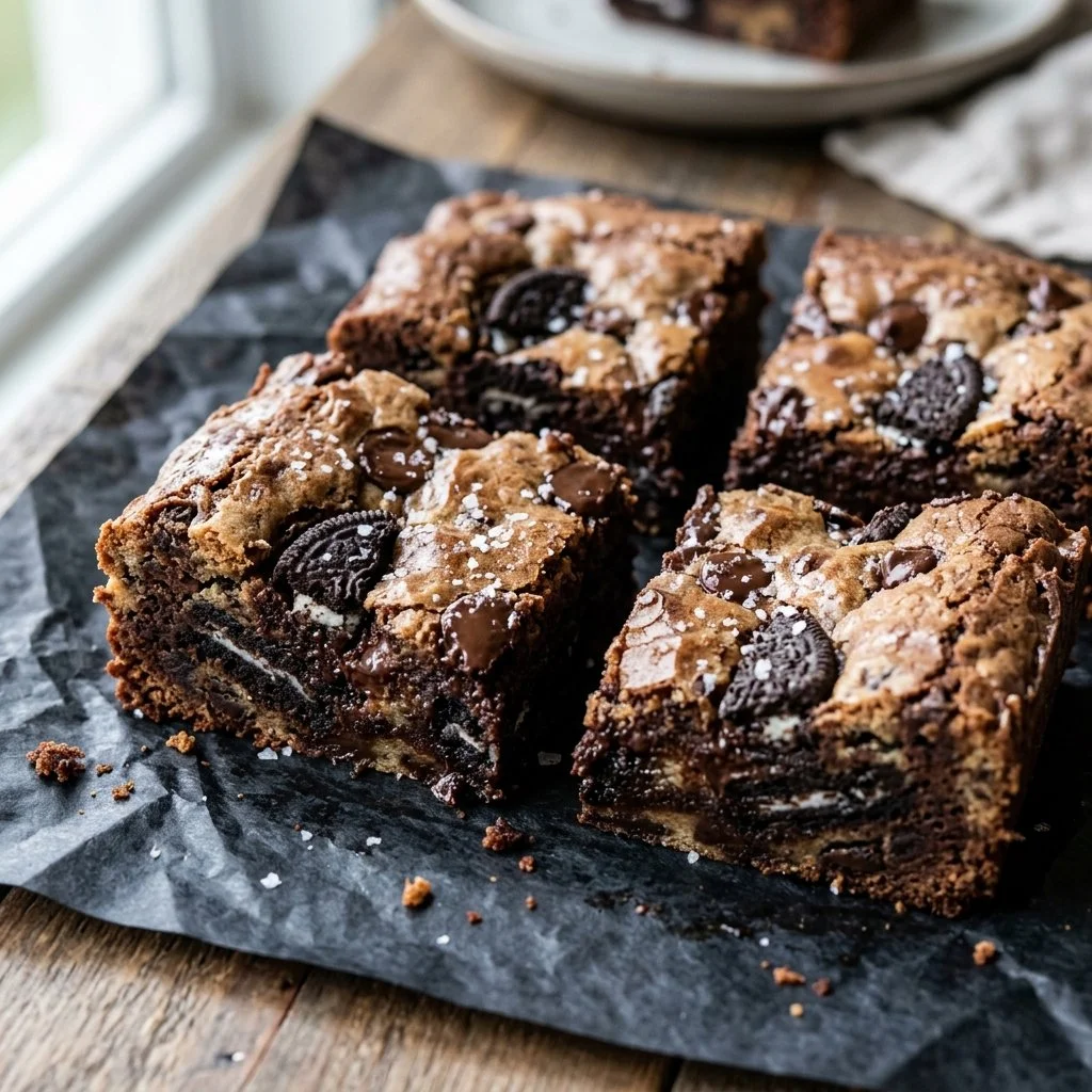 Homemade Oreo Brookies dessert with layers of brownie and cookie dough