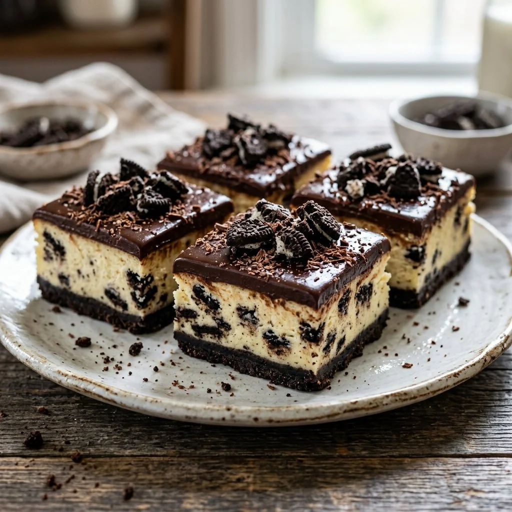 Oreo Cheesecake Bars with crushed Oreos and a creamy filling