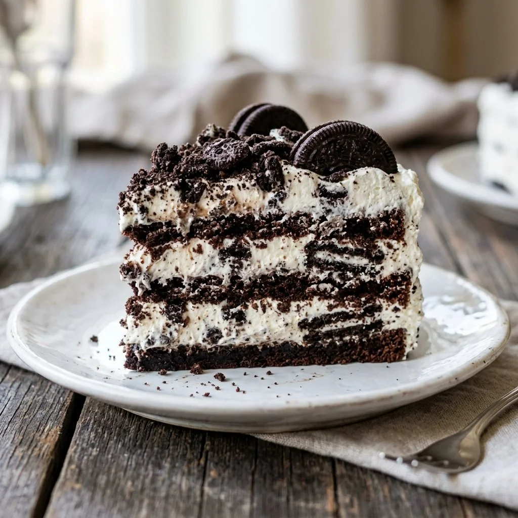 Oreo Icebox Cake layers with cream and Oreo cookies on a plate.