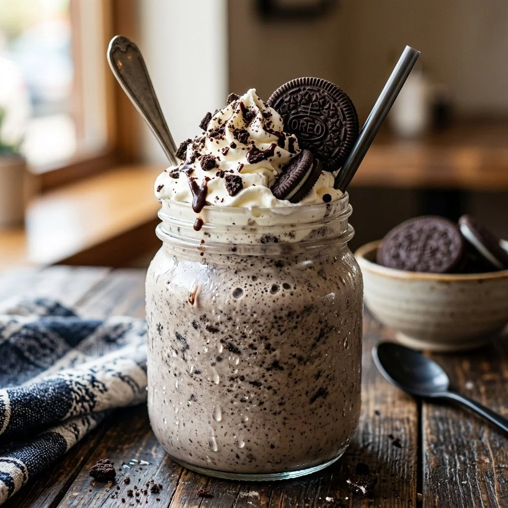 Delicious Oreo milkshake topped with whipped cream and crushed Oreos
