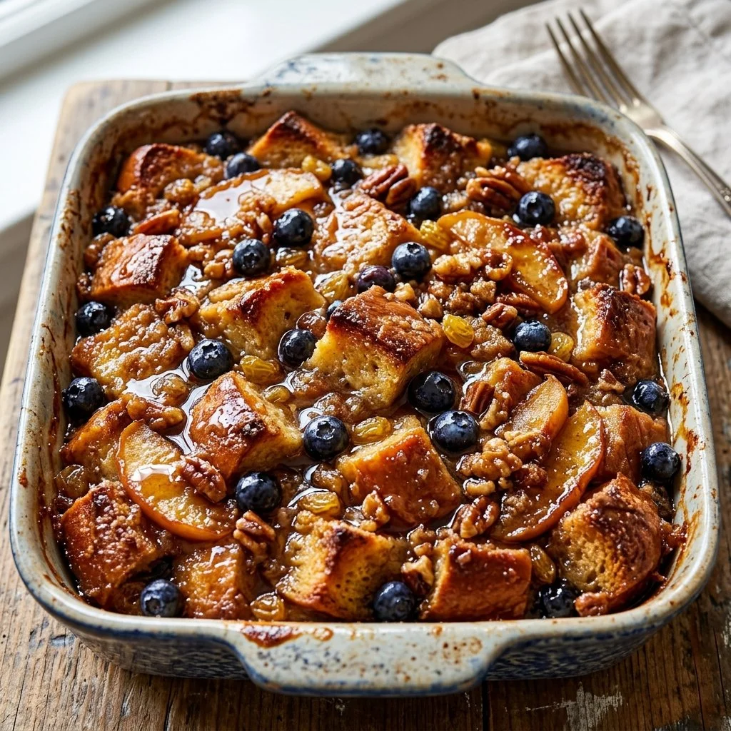 Overnight French toast casserole topped with maple syrup and berries