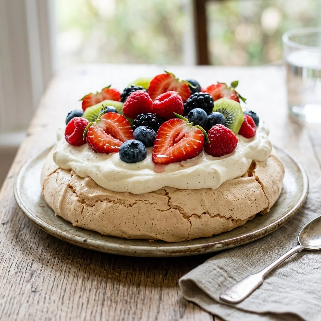 Delicious Pavlova Cake topped with fresh fruits and whipped cream.