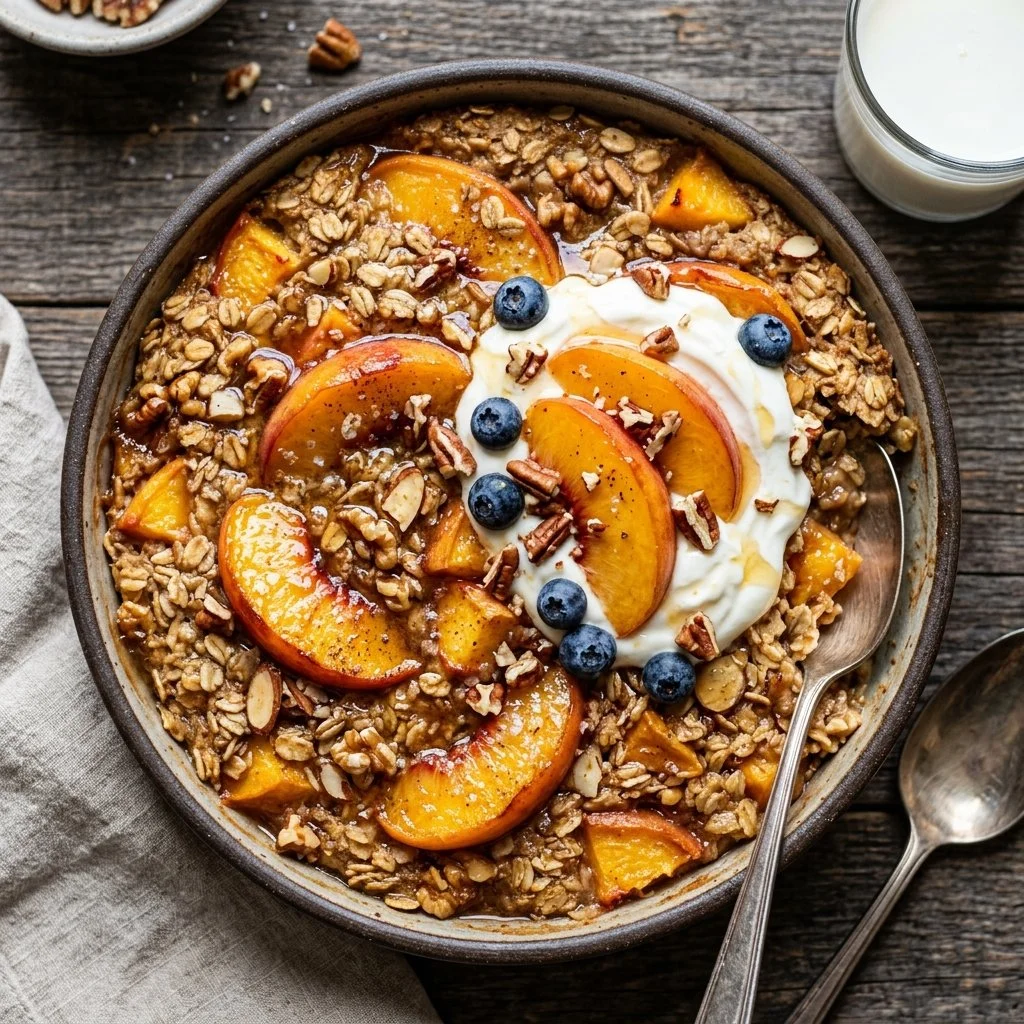 Baked oatmeal with fresh peaches served in a bowl