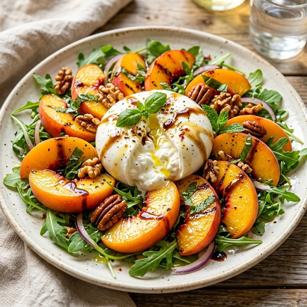 Fresh Peach Burrata Salad with vibrant colors and creamy texture