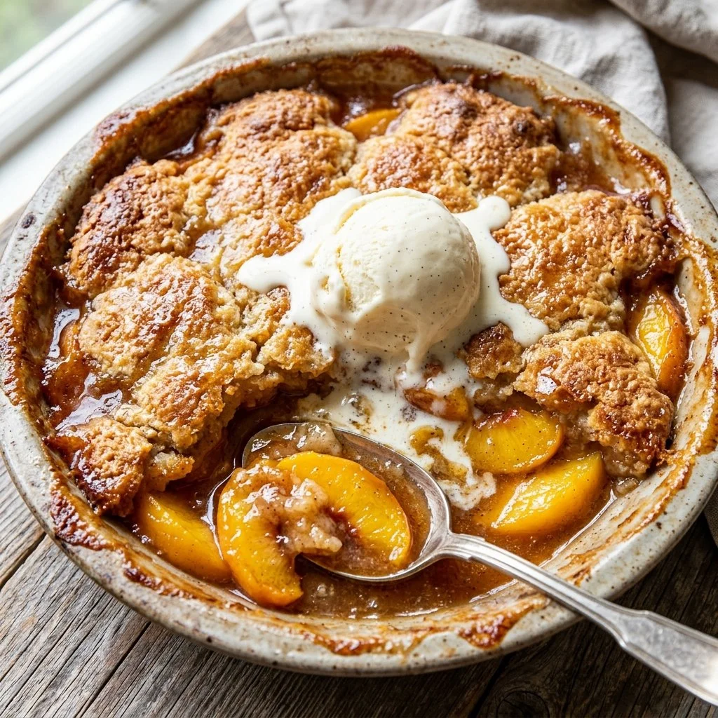 Freshly baked Peach Cobbler with golden crust and juicy peach filling.