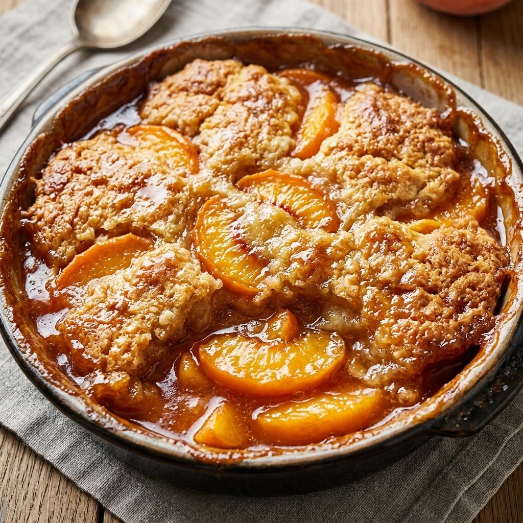 Homemade peach cobbler with fresh peaches and crispy topping