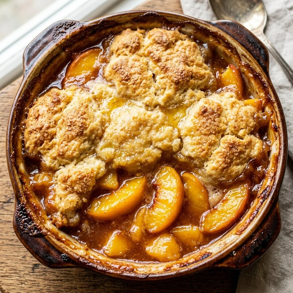 Delicious homemade peach cobbler with golden crust and fresh peaches