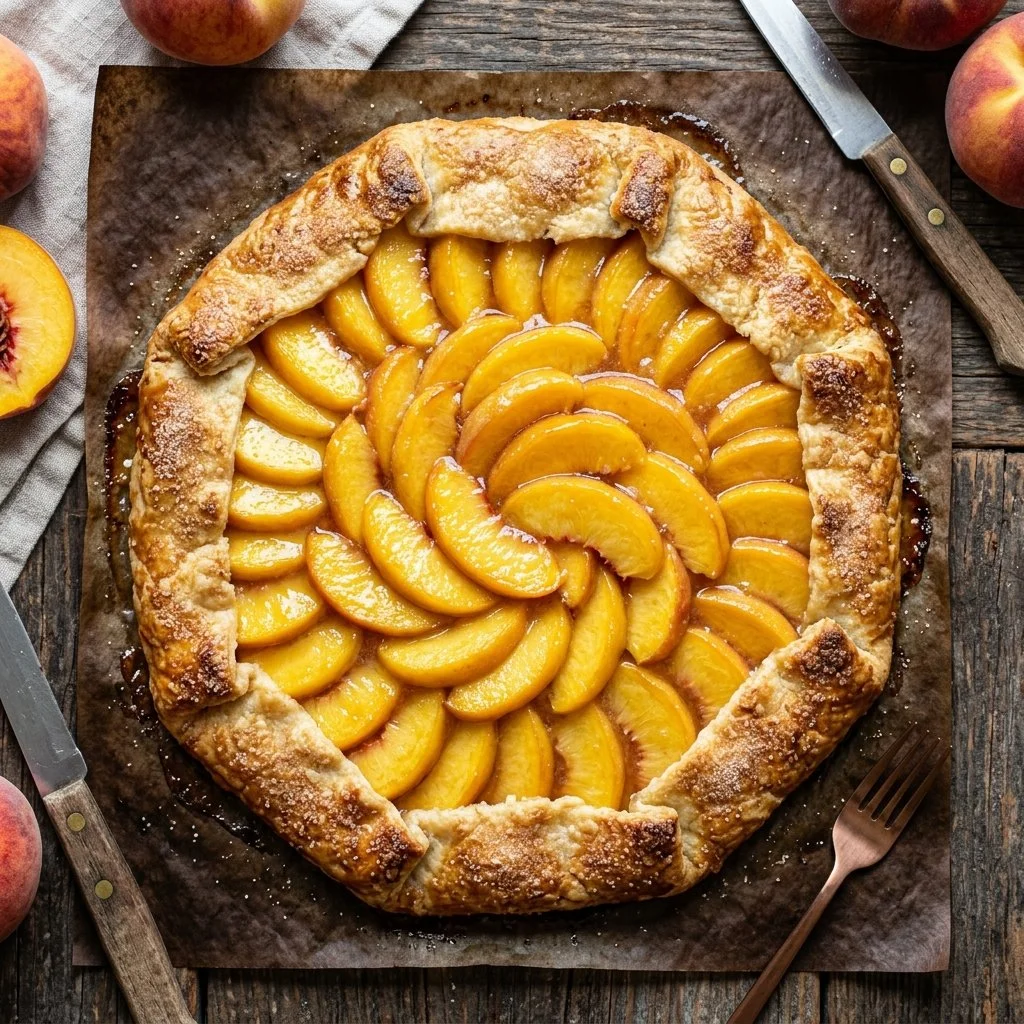 Homemade Peach Galette with fresh peaches on a flaky crust