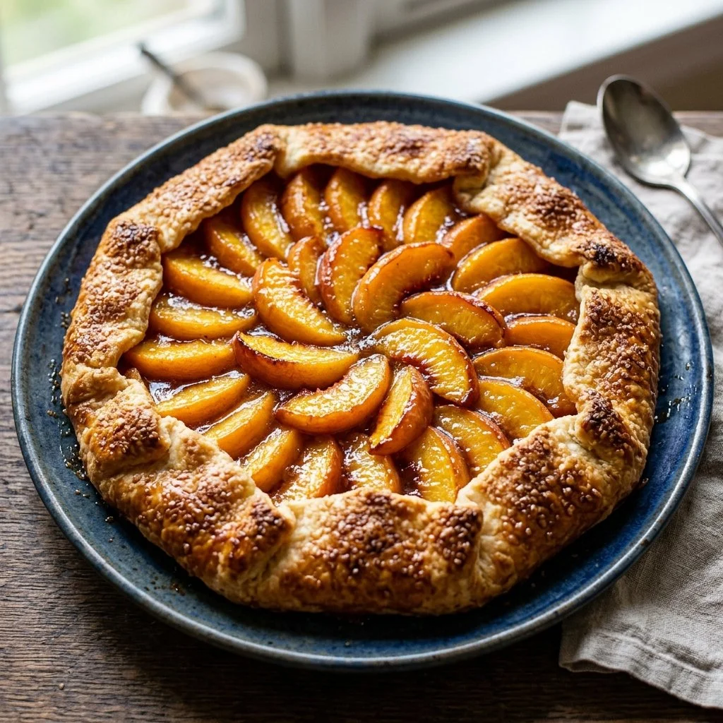 Delicious homemade Peach Galette with fresh peaches on a rustic pastry crust.