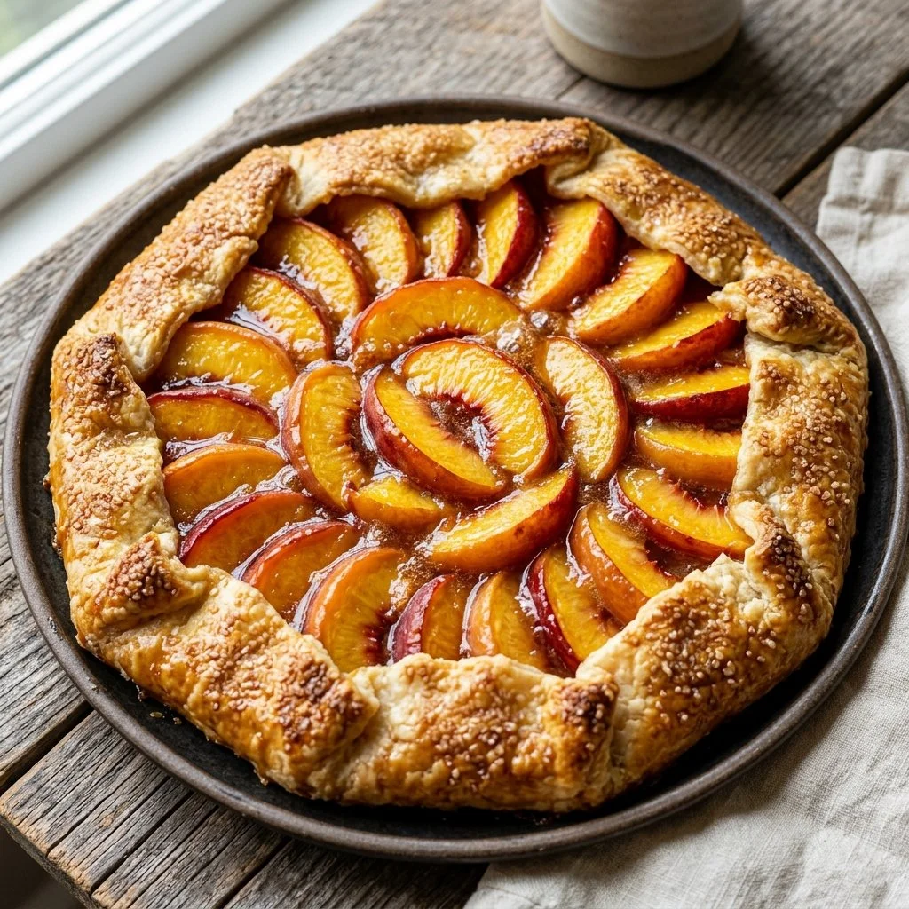 Homemade Peach Galette with fresh peaches on a rustic crust