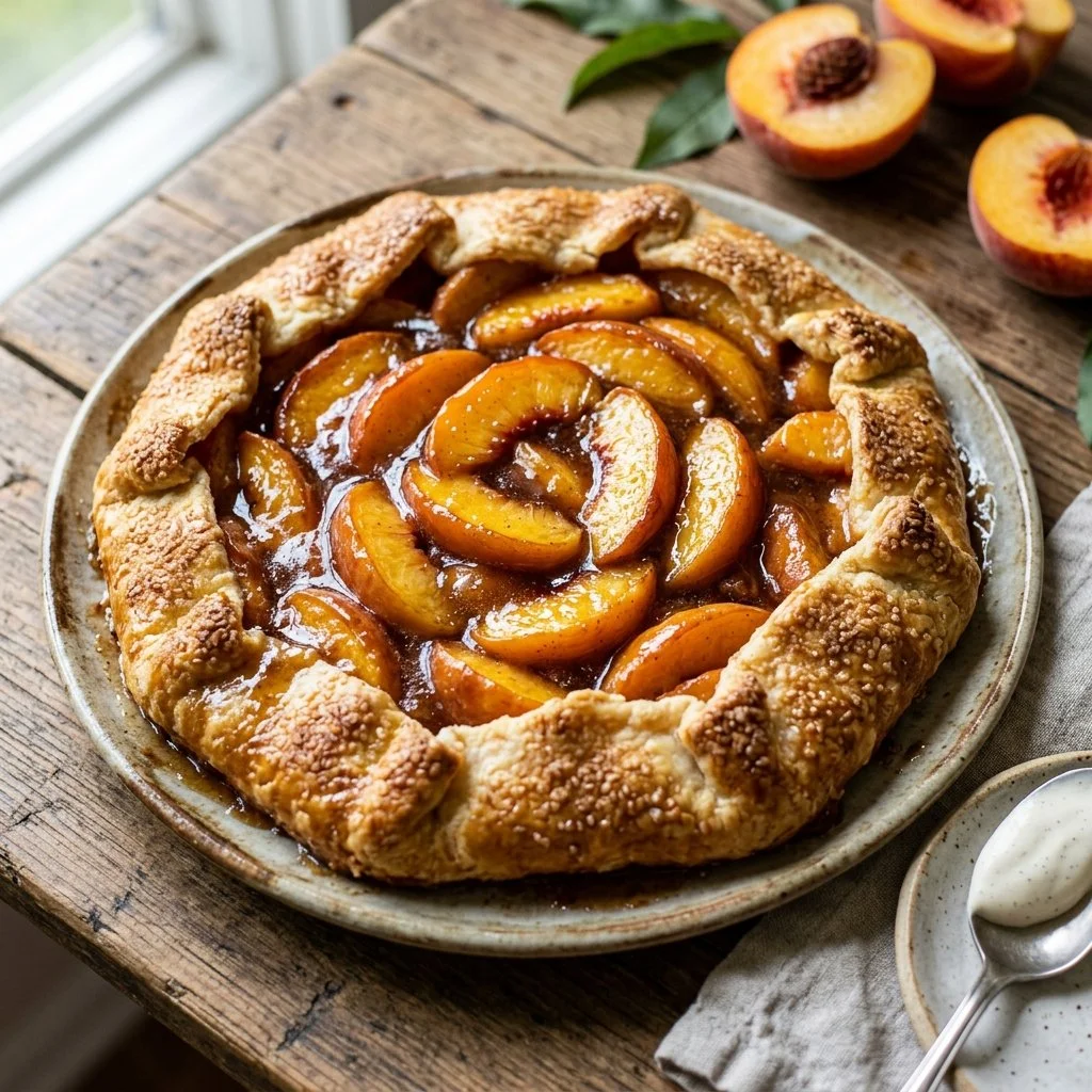 Delicious homemade Peach Galette with fresh peaches on a golden brown crust