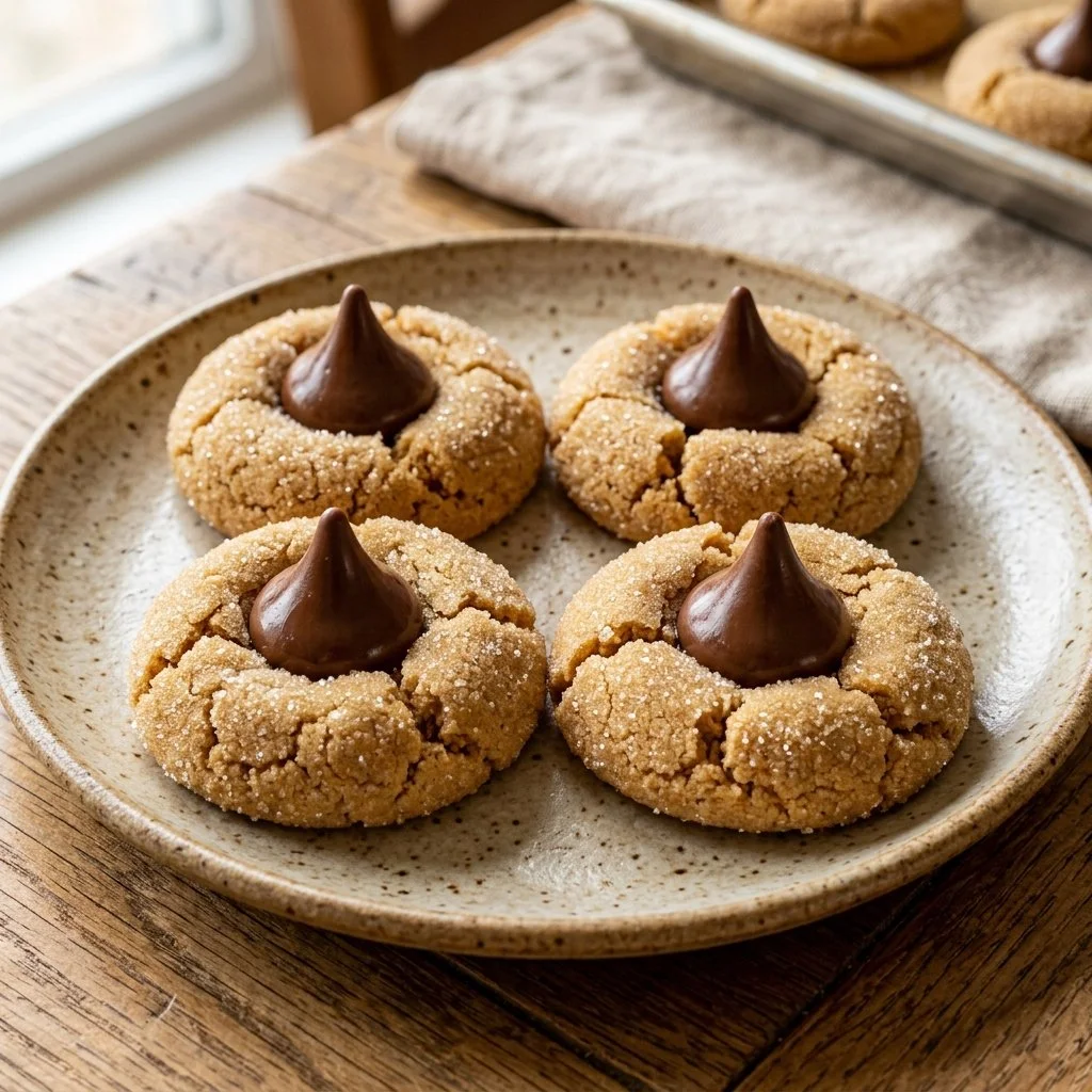 Delicious Peanut Butter Blossoms cookies topped with chocolate kisses.