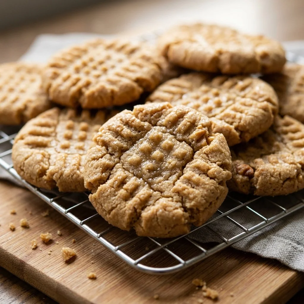 Freshly baked peanut butter cookies on a baking tray