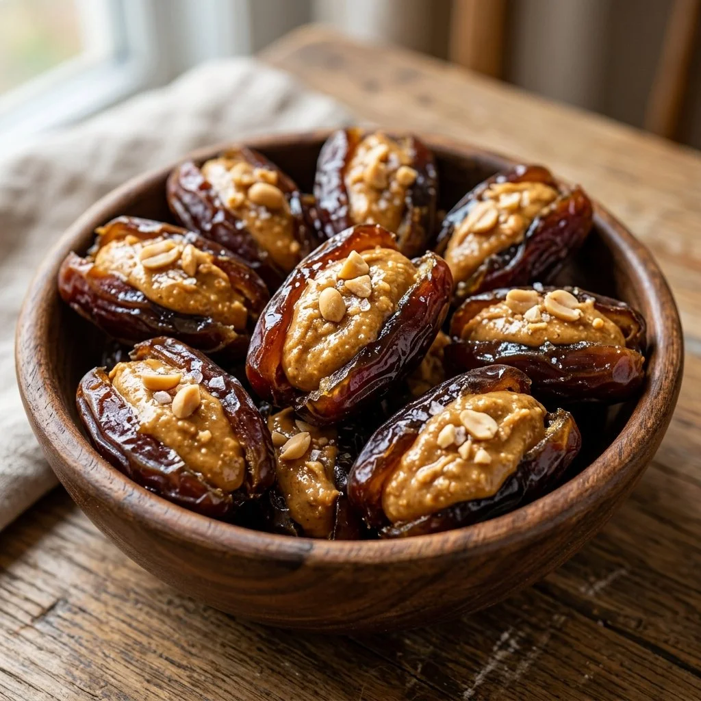 Delicious peanut butter dates snack on a wooden plate