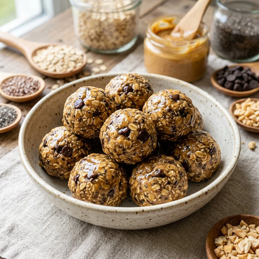 Homemade Peanut Butter Energy Balls stacked on a wooden table