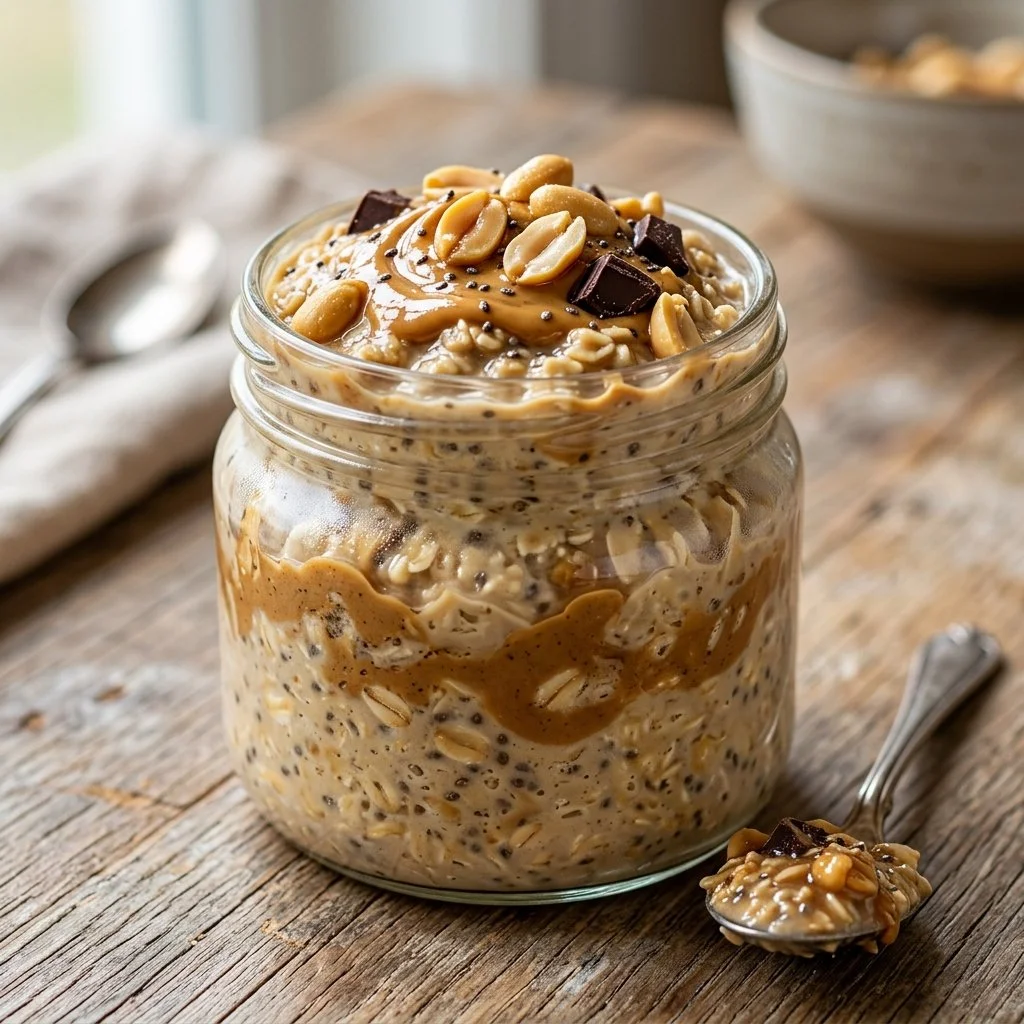 Bowl of Peanut Butter Overnight Oats topped with fruits and nuts