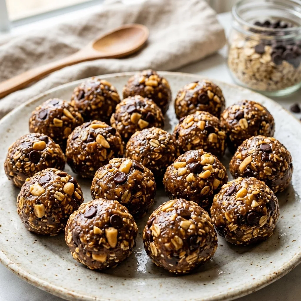 Homemade Peanut Butter Protein Balls stacked on a wooden table