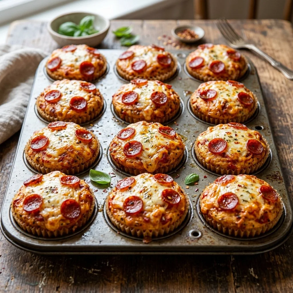 Pepperoni pizza muffins fresh out of the oven, topped with melted cheese and pepperoni