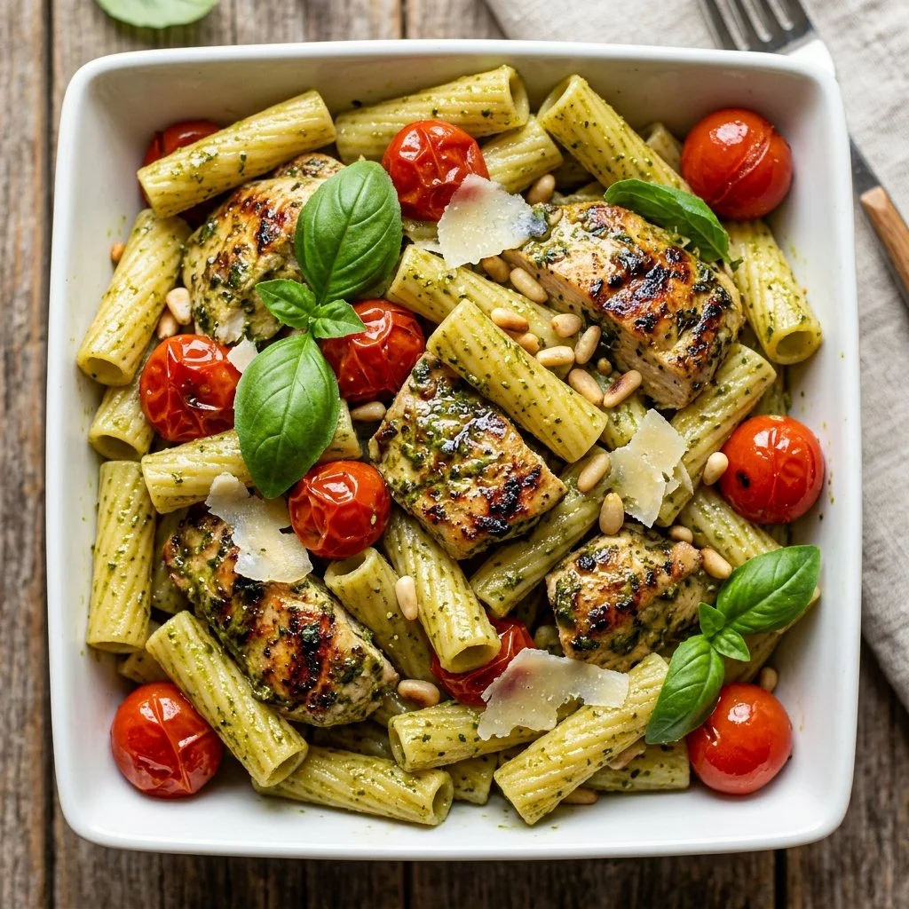 Delicious plate of pesto chicken pasta garnished with basil and parmesan