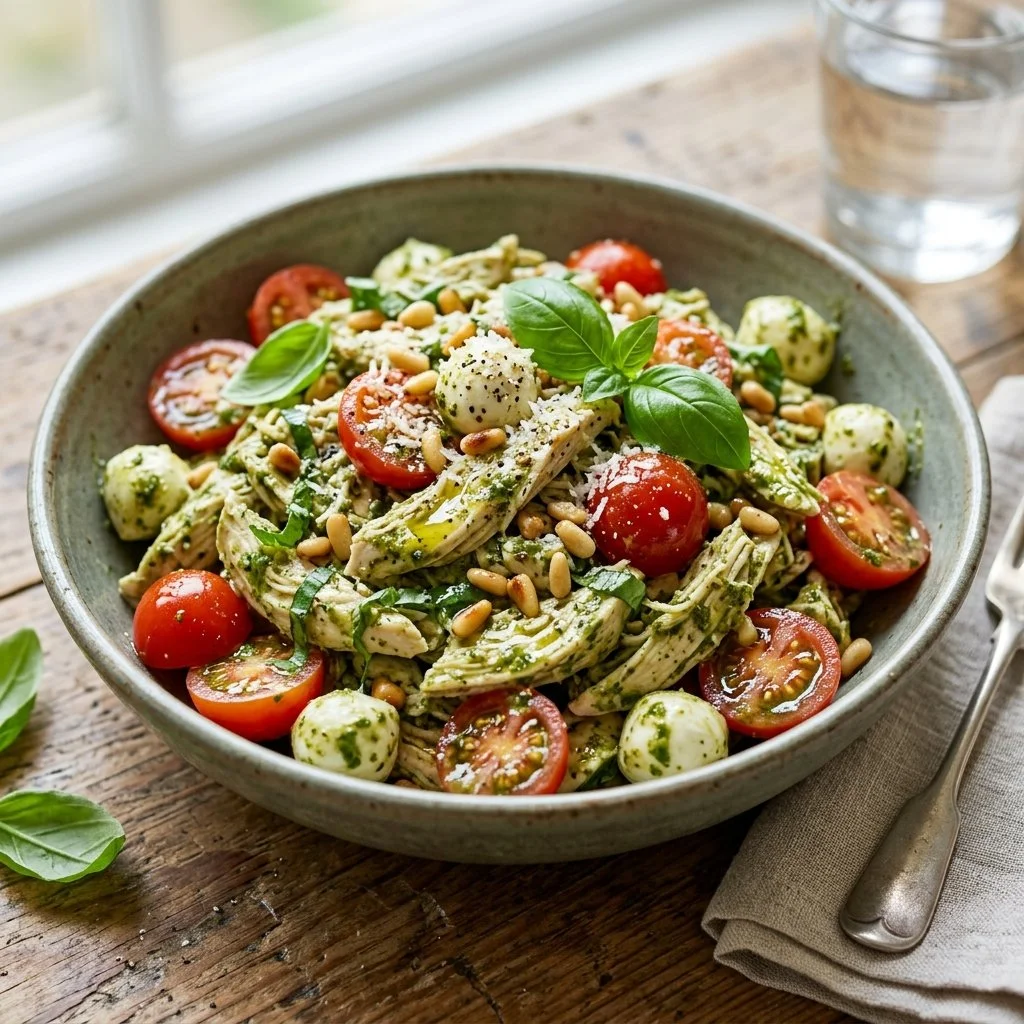 A colorful bowl of pesto chicken salad with fresh ingredients and a vibrant presentation