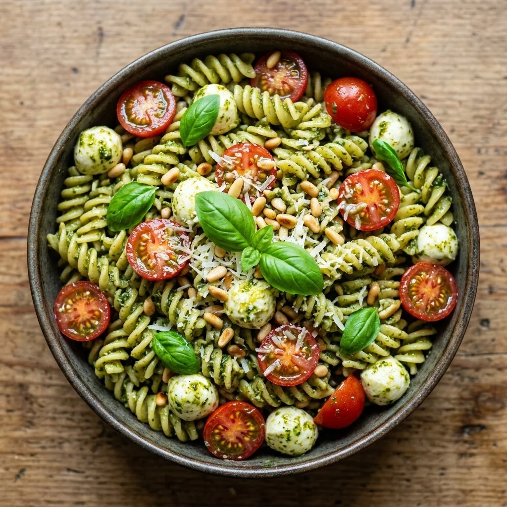 Delicious pesto pasta salad with fresh vegetables and sauce