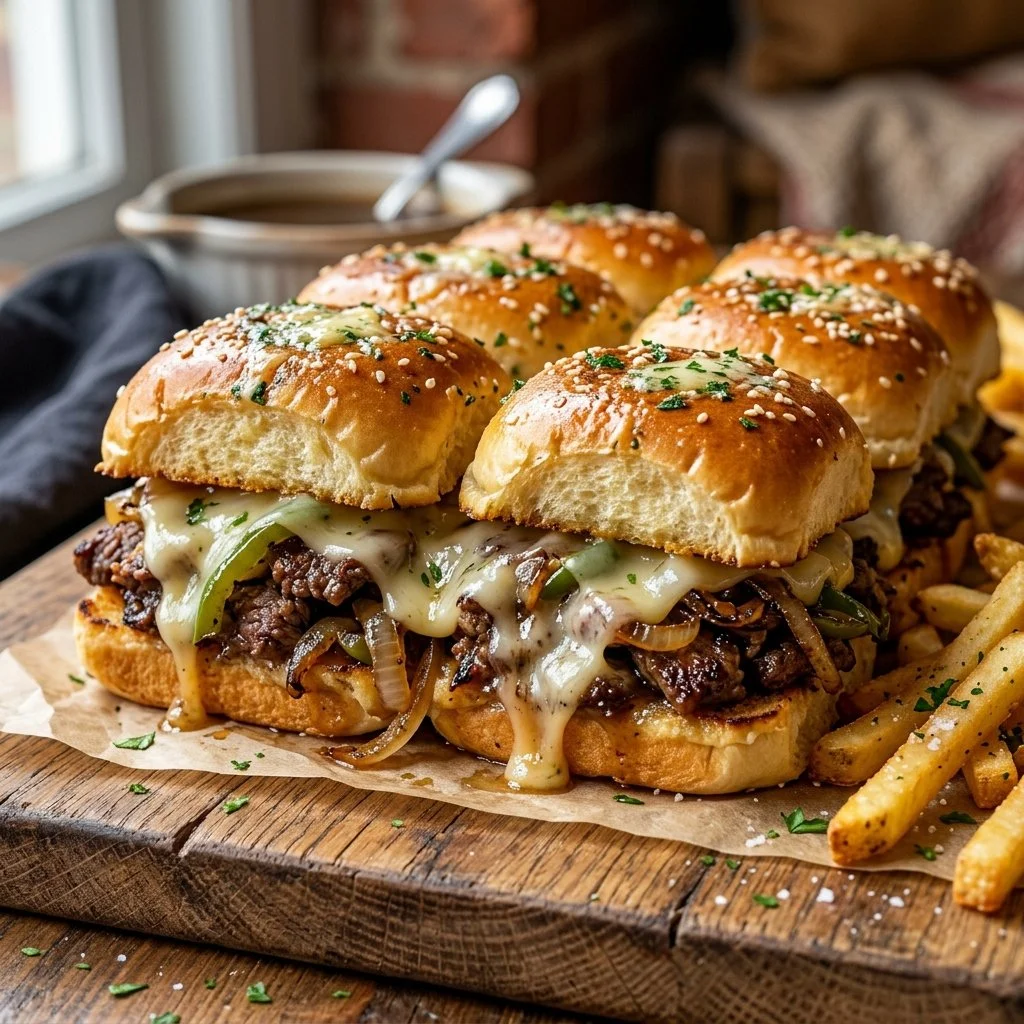 Philly Cheesesteak Sliders served on a platter with toppings