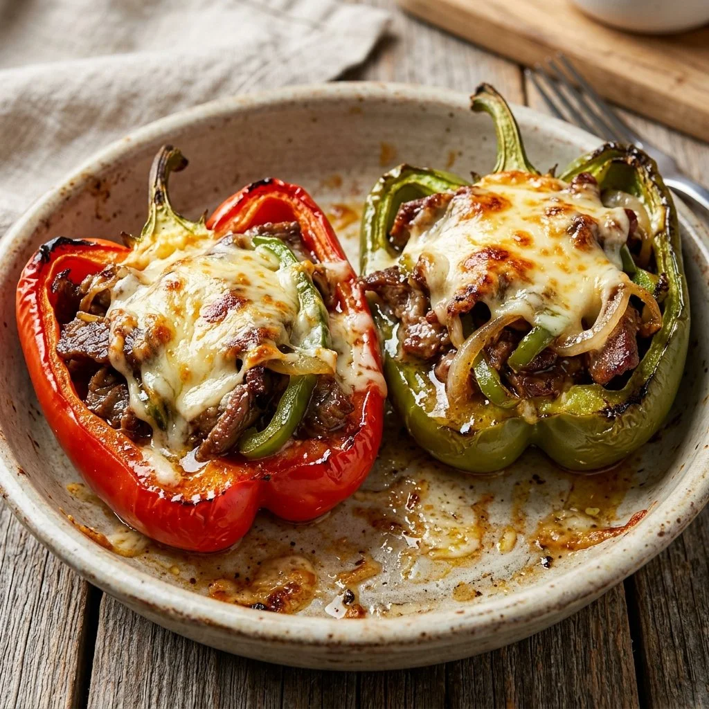 Philly Cheesesteak Stuffed Peppers served on a plate with garnish