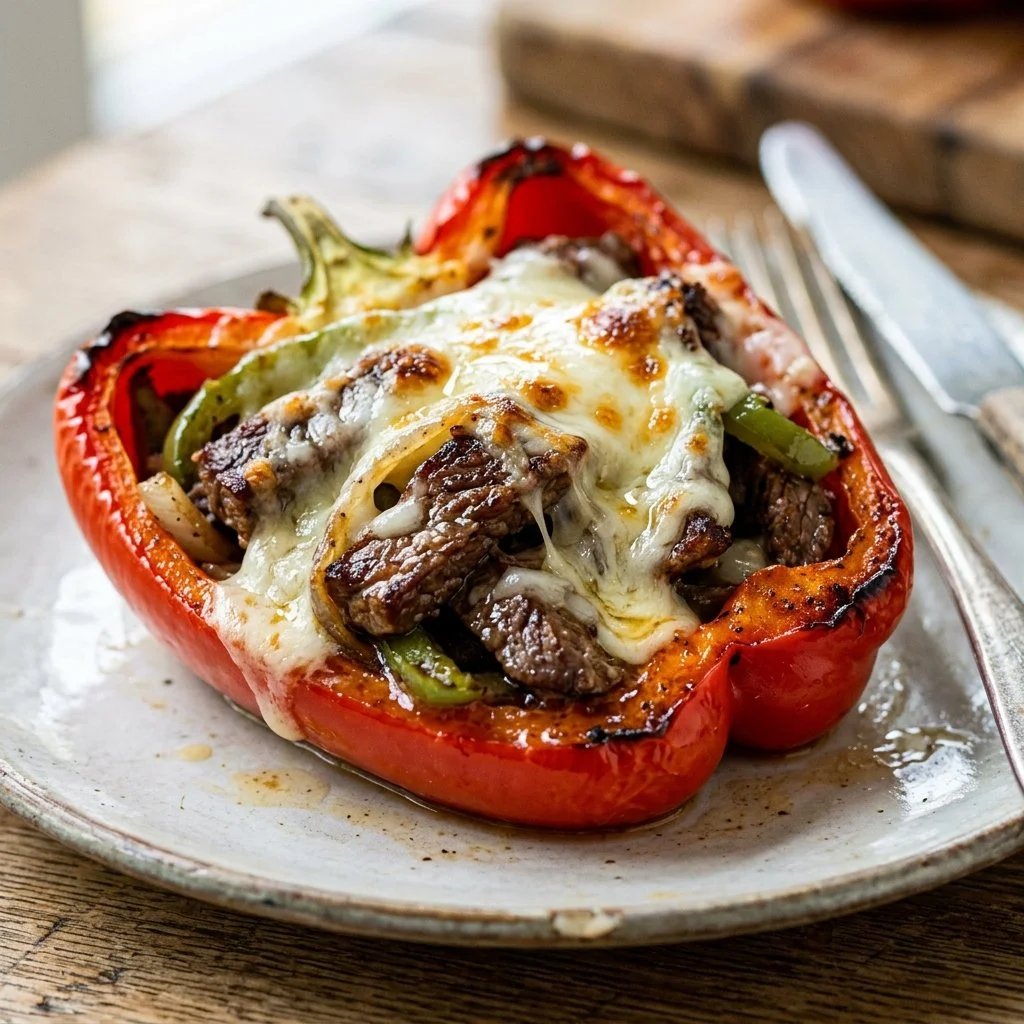 Philly cheesesteak stuffed peppers filled with steak and cheeses