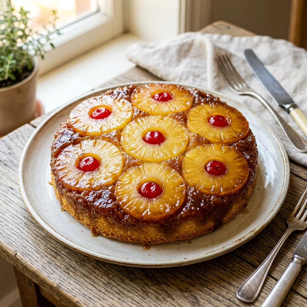 Delicious Pineapple Upside Down Cake with caramelized pineapple and cherries