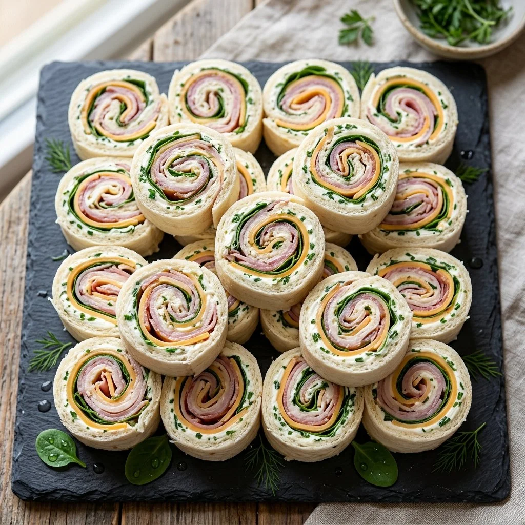 Colorful pinwheel sandwiches filled with fresh ingredients on a plate.