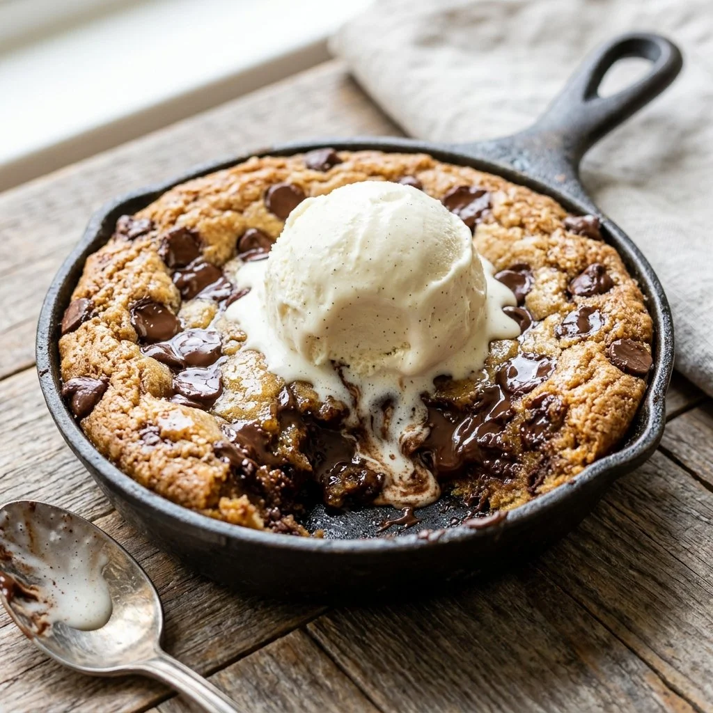 Delicious homemade Pizookie topped with vanilla ice cream