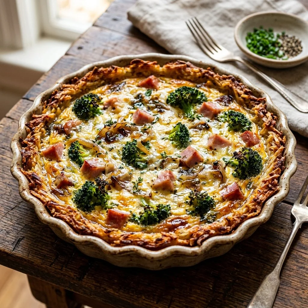 Delicious potato crust quiche with vegetables and cheese