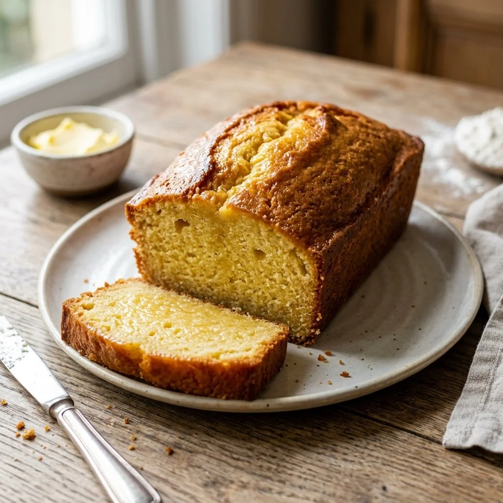 Delicious homemade pound cake on a rustic wooden table