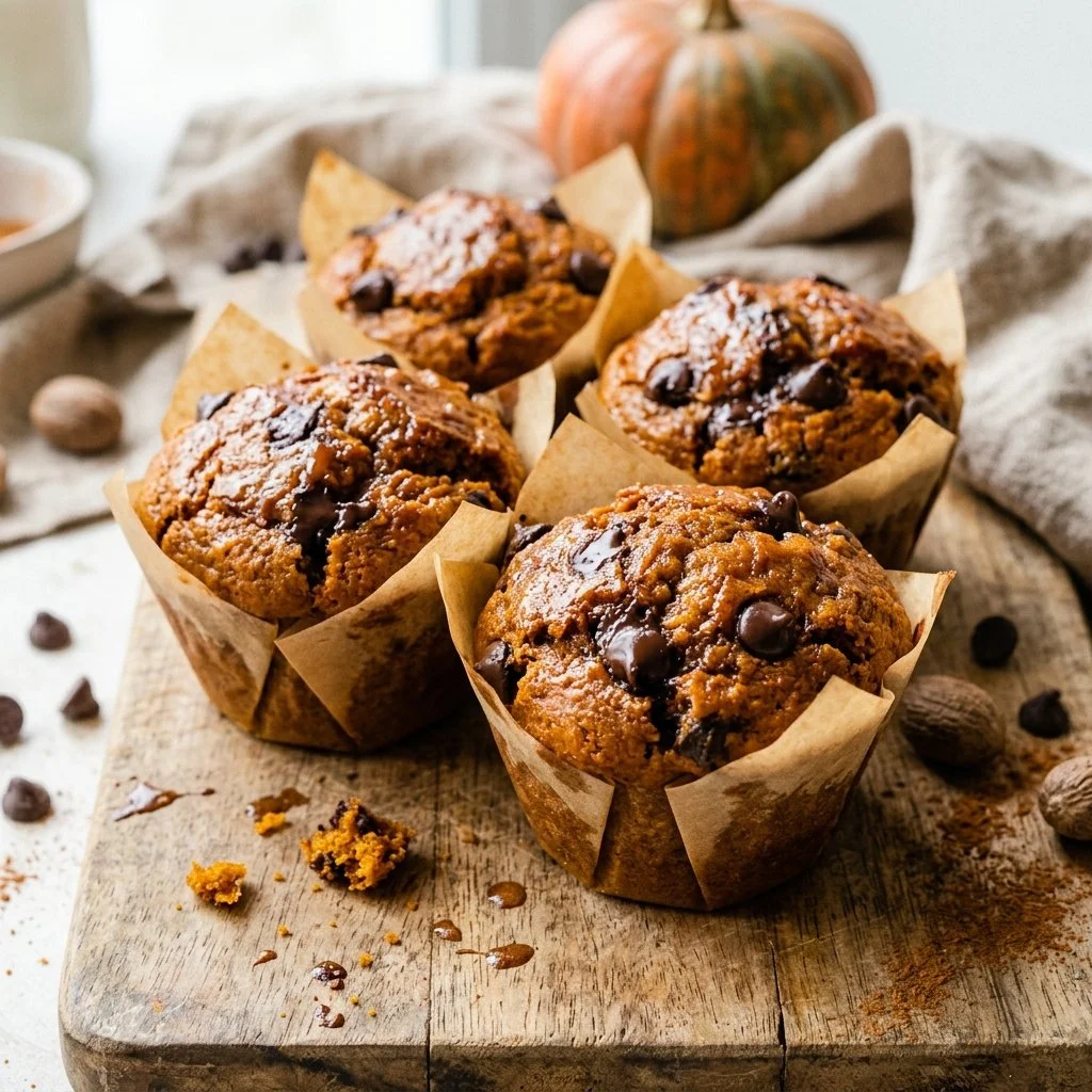 Deliciously baked Pumpkin Chocolate Chip Muffins on a wooden table